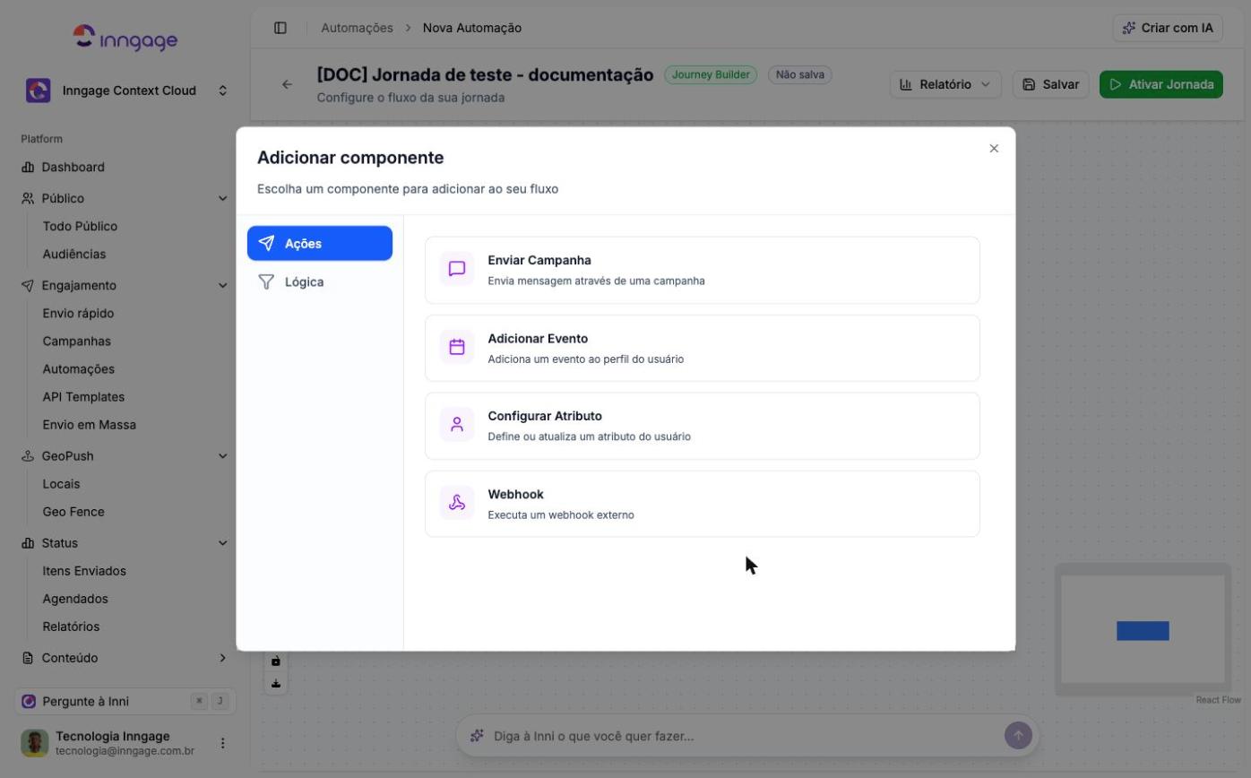 Janela Adicionar componente, aba Ações