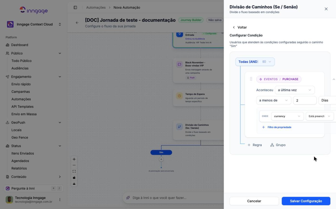 Condição customizada com o evento purchase