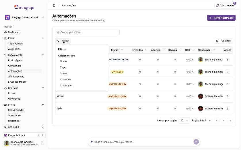 Lista de Automações com filtros